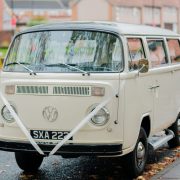 Northeast England: 5th Nov 2022: A VW campervan with ribbon ready for a wedding (Volkswagen camper van)